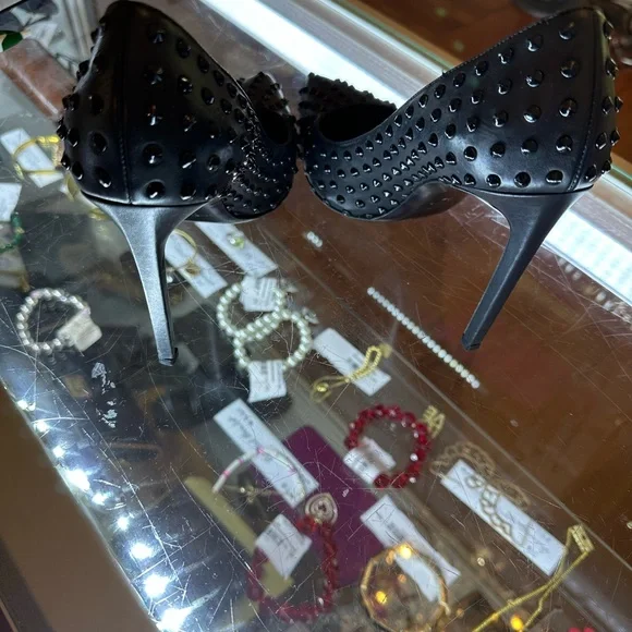 Saint Laurent black on black leather studded heels